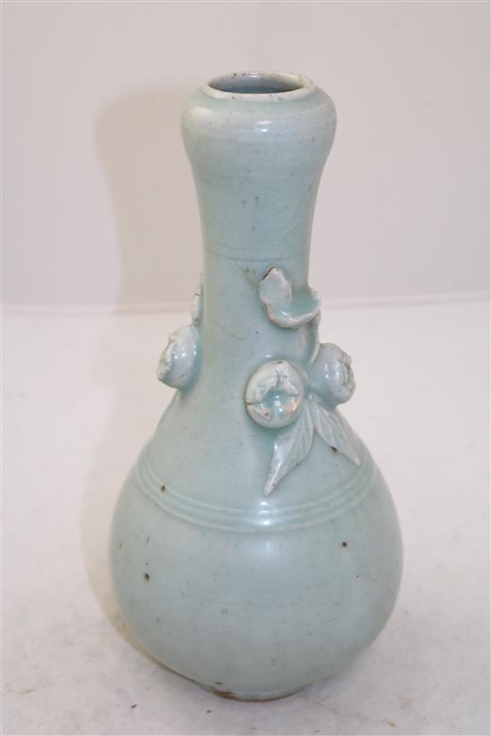 An unusual Chinese Longquan celadon garlic neck bottle vase, Song / Yuan dynasty, 28cm, glaze cracks